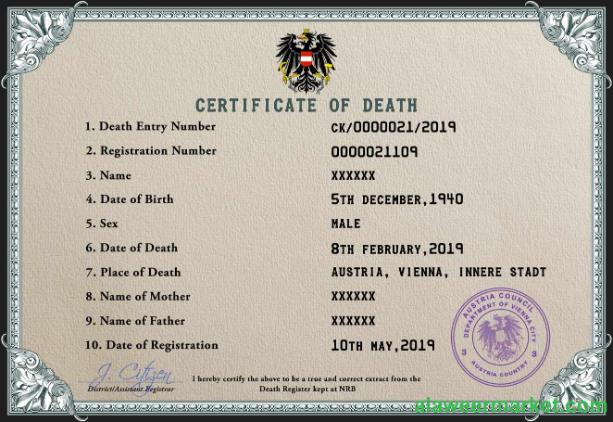 Austria death certificate PSD template,